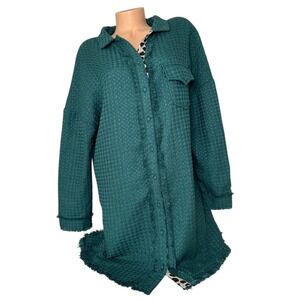 Umgee Womens LARGE Green Waffle Knit Fringe Trim Shirt Dress Long Sleeve Shacket